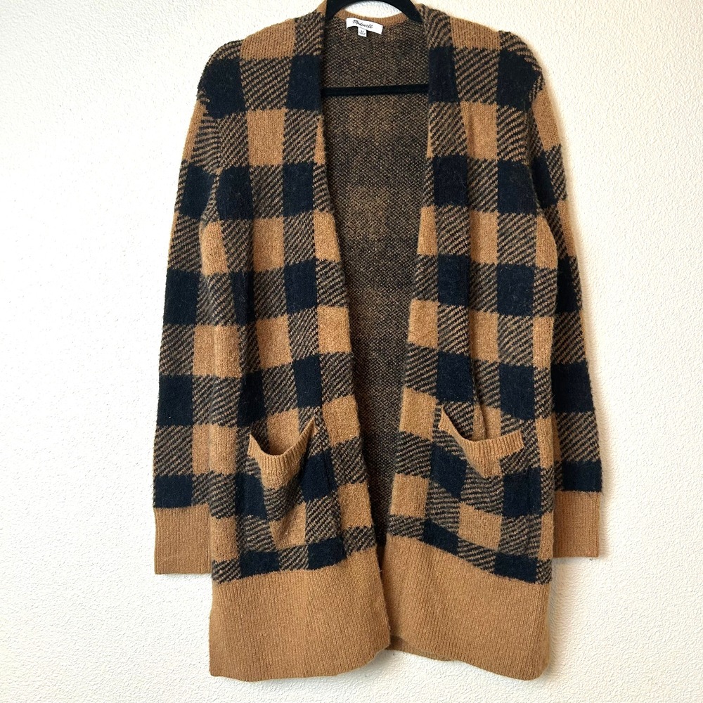 Madewell Academia Cozycore Kent Cardigan Sweater Buffalo Check Plaid Tan XS